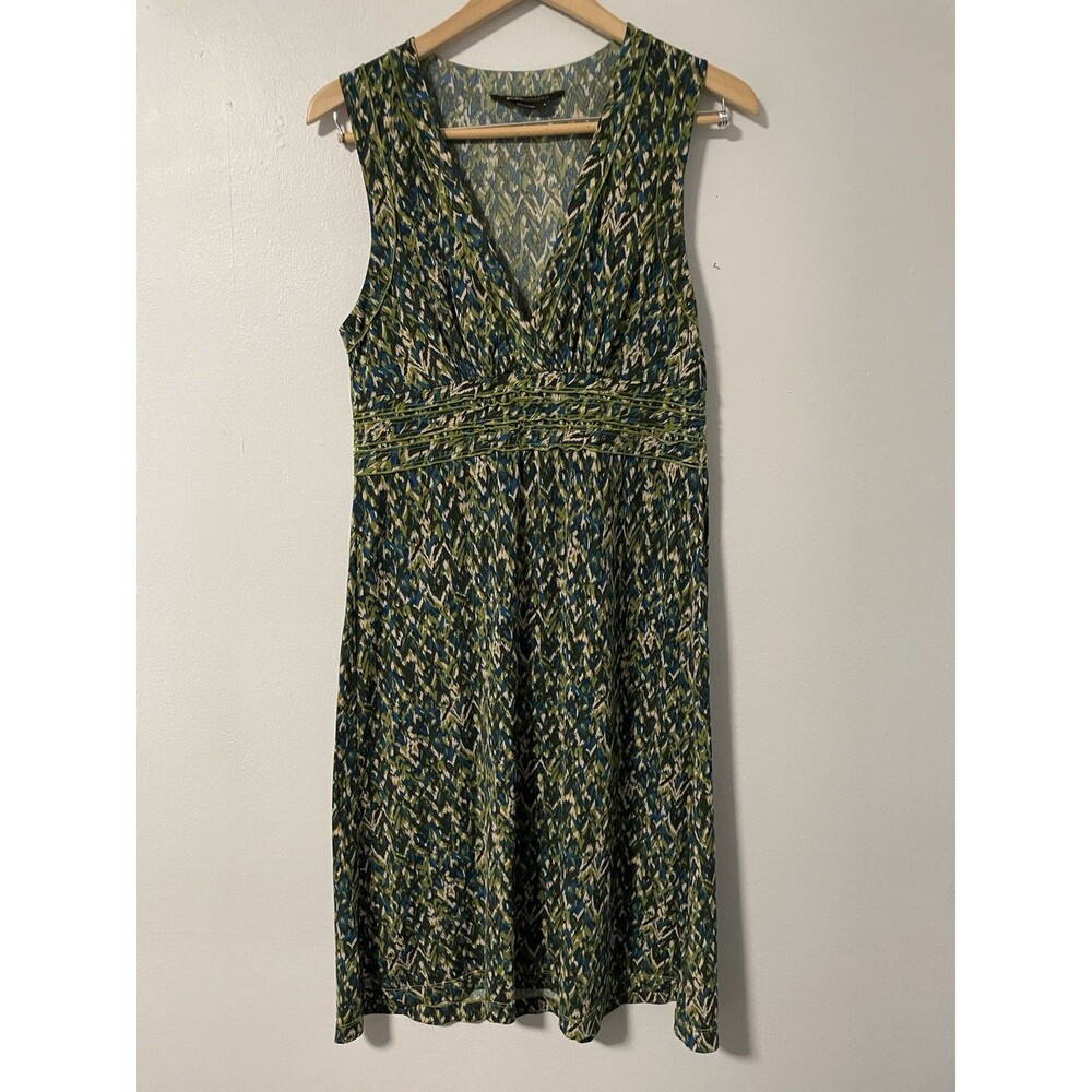 BCBG Maxazria Multicolor Green Brown Teal V-neck Empire Waist Sleeveless Dress S